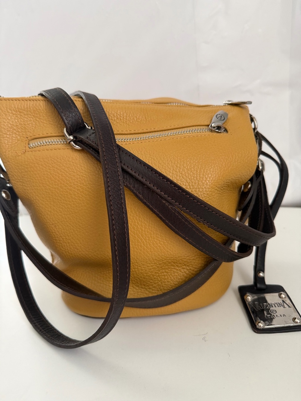 Valentina Mustard Yellow Leather Crossbody with Dark Brown Straps